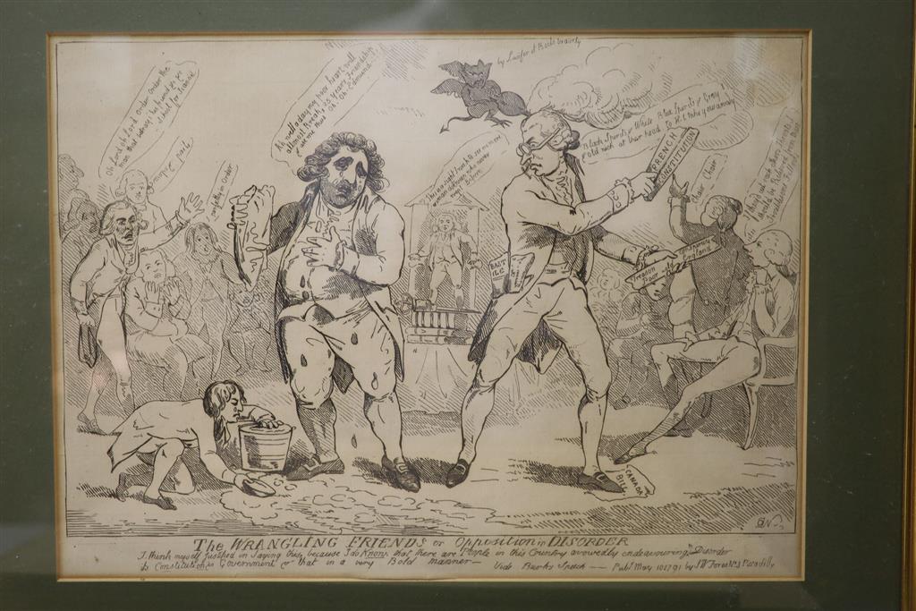 Boehm after Gillray, seven engravings, Caricatures including Political Dreamings, Political Mathematicians and Exhibition of a Dem